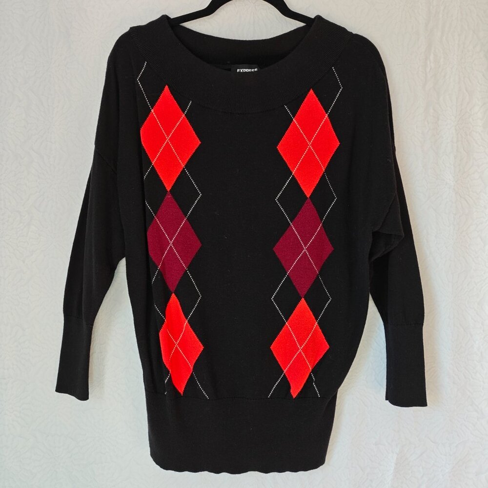 EXPRESS Argyle Tunic Sweater Black Size Small Preppy